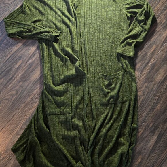 Boho Style Open Front Maxi Green & Black Ribbed Cardigan w/ Pockets SIZE XXL - Picture 4 of 5